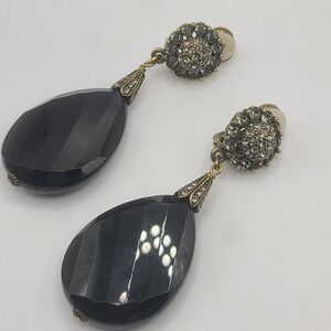 Heidi Daus Glass‎ Earrings Black Rhinestone HEAVY Signed Clip Ons